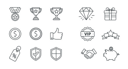 Exclusive benefit, prize, and incentive reward icons set, isolated on a white background. This editable stroke outline icon collection features a medal, trophy, diamond, gift box, dollar coins
