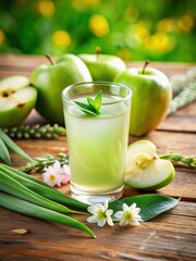 Fototapeta premium Aloe vera juice and apple slices on a wooden table with fresh greens and flowers