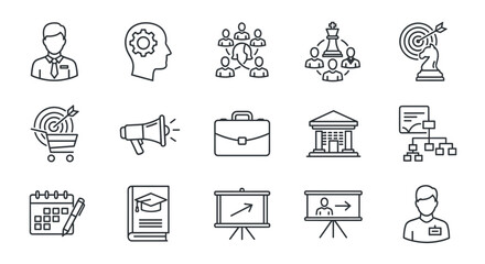 Business and Organization Management Icon Set: Featuring Manager, Teamwork, Strategy, Marketing, Business Planning, Training, and Employee Icons. This collection of solid, clean-lined icons