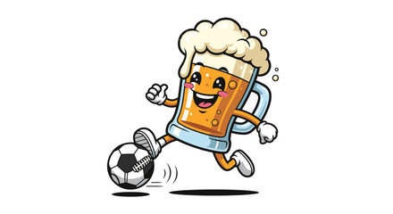 Cheerful cartoon beer glass mascot with frothy head kicking a football and smiling with joy, perfect for brewery promotion, sports bar design, or beer-themed events, vibrant illustration with dynamic