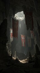 Dramatic cave interior with tattered banners and light shaft illustration