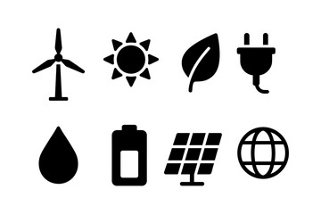 Renewable energy icons: wind turbine, solar panel, green leaf, and more in silhouette style