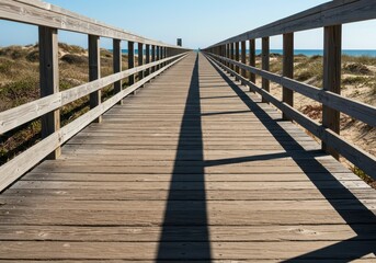 Fototapeta premium Strolling along the weathered wooden planks of a long, sunny coastal boardwalk structure, capturing the movement and vacation feeling, casual, structure, steps