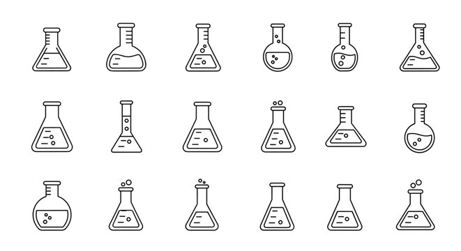 Collection of outline laboratory flasks with liquid and bubbles, symbolizing scientific research, experiments, and chemical processes, presented on a clean white background for versatile graphic and