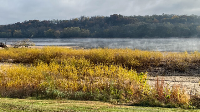 Wisconsin River on Foggy and Sunny Morning in the Fall