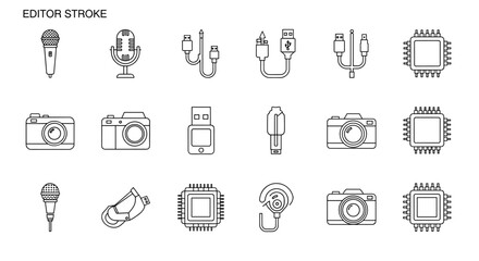 Collection of outline icons representing technology and media, including microphones, USB cables, cameras, and computer chips, perfect for infographics, articles, books, flyers, and banners, with