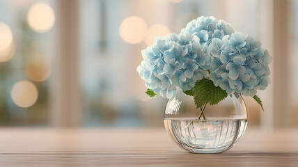 Fototapeta premium 青いアジサイを活けた透明花瓶写真