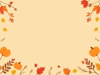 Warm autumn border with pumpkins maple leaves and berries on soft orange background