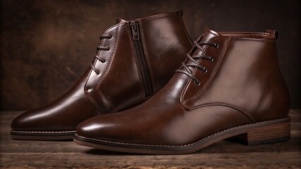 A pair of brown leather ankle boots with laces and a zipper on a wooden surface in a studio setting