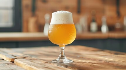 A full glass of golden, hazy craft beer with a thick white head of foam rests on a rustic wooden bar counter in a pub setting