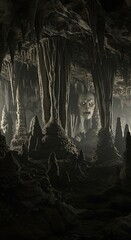 Dramatic cave scene featuring stalactites and ominous figures in a mysterious environment