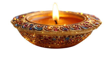 Shining Diwali diya with warm light and festive sparkle symbolizing victory of light over darkness isolated on white background