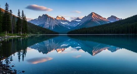Serene Mountain Lake Reflection at Sunrise.