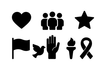 Icon set featuring heart, group, star, flag, dove, hand, torch, and ribbon in silhouette style