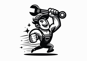 Mechanic rushes to help, black and white vector illustration
