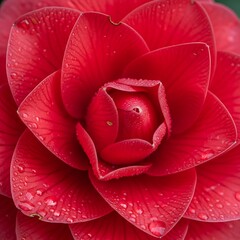 Vibrant Red Camellia Blossom with Water Droplets - A Close-Up View.