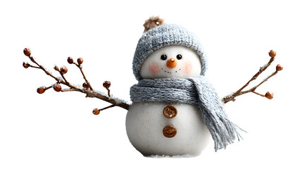 Snowman with cozy scarf, twig arms, and snowflakes around in winter festive mood isolated on white background