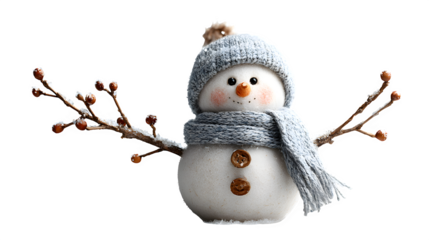 Snowman with cozy scarf, twig arms, and snowflakes around in winter festive mood isolated on white background