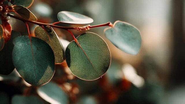 Close-up of Delicate Silver Dollar Eucalyptus Leaves on a Branch with Soft Sunlight and Detailed Vein Patterns