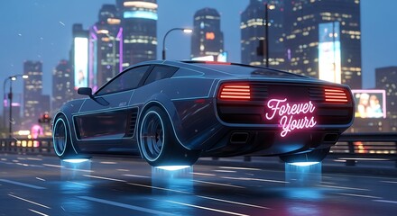 Futuristic Hover Car with Neon Forever Yours Sign Cruising Through a Cyberpunk City at Night.