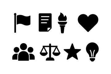Set of minimalist black icons: flag, document, torch, heart, group, scales, star, bulb