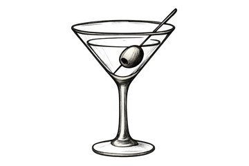 Martini cocktail drawing with olive and cocktail pick. Hand drawn alcoholic drink, ink sketch illustration, transparent background