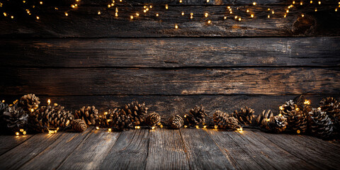 Naklejka premium New Year's wooden background with golden lights and pine cones. Cozy winter mood. Blank background for text or a card.