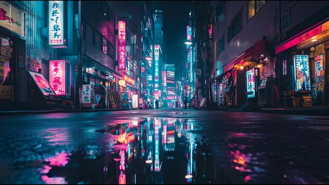 Cyberpunk Neon City Street at Night Reflected in Puddle, Wet Urban Alley with Glowing Japanese Signs and Vibrant Pink and Blue Lights