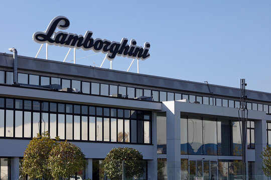 Sant'Agata Bolognese, Metropolitan City of Bologna, Italy - Oct 17, 2025: The Lamborghini headquarters in Sant'Agata Bolognese. Lamborghini is a luxury sports car manufacturer.