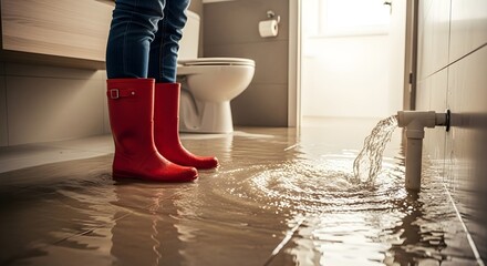 Flooding Emergency Woman in Boots Stands in a Water-Damaged Bathroom After a Pipe Burst