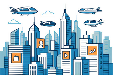 Obraz premium Futuristic cityscape with airplanes above modern skyline