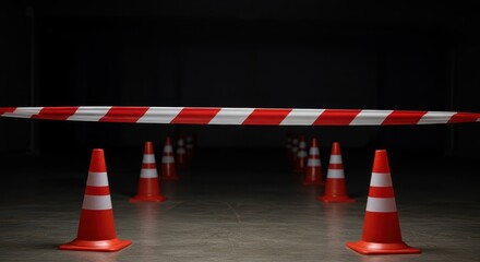 Red and white barrier tape stretched across a boundary marked by cones, visually restricting access to a prohibited area or limited zone ,danger ,access ,forbidden