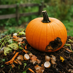 Molded Pumpkin with Hole on Vegetable Compost Pile