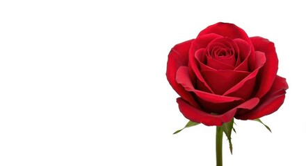 Naklejka premium Stunning solitary vibrant red rose bloom centered perfectly against a clean, crisp, stark white background. Minimalist design for romance and devotion ,floral ,stem ,red