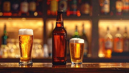 Glass of beer and bottle on bar counter