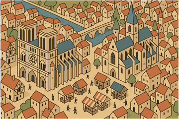 Obraz premium Medieval village scene with landmark buildings in isometric style