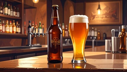 Glass of beer and bottle on bar counter