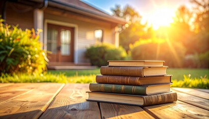 Stack of books on wooden floor, sunlit home exterior in background