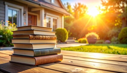 Stack of books on wooden floor, sunlit home exterior in background