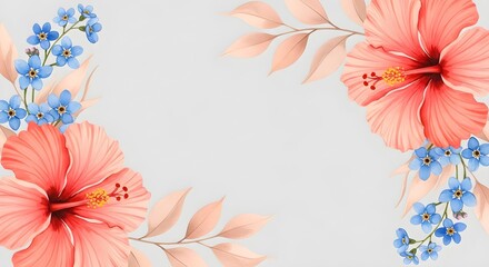 Obraz premium Hibiscus Flowers and Forget-Me-Nots Corner Floral Arrangement Graphic Design Element