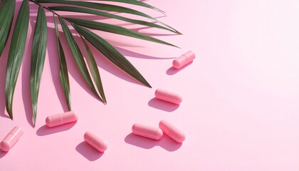 Pink capsules scattered on pink background with palm leaf