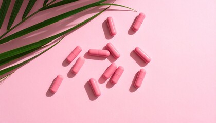 Pink capsules scattered on pink background with palm leaf