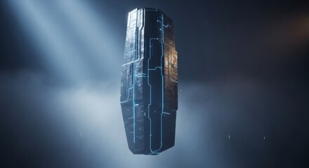 Imposing SciFi Monolith with Glowing Blue Circuits in Volumetric Light Rays.