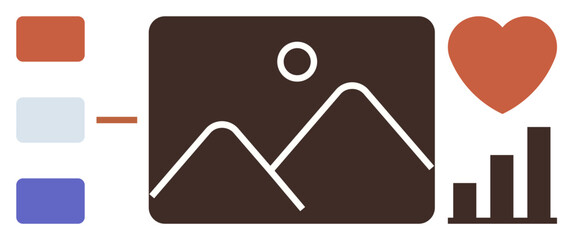 Stylish depiction of image gallery, heart icon for thumbs ups, bar chart for analytics, and color palettes. Ideal for digital marketing, social media, content creation, user engagement, photography