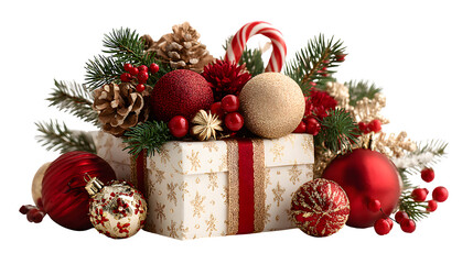 Soft beige Christmas arrangement with pine twigs, red and gold baubles, candy canes, and wrapped gift, warm New Year festive setup isolated on white background