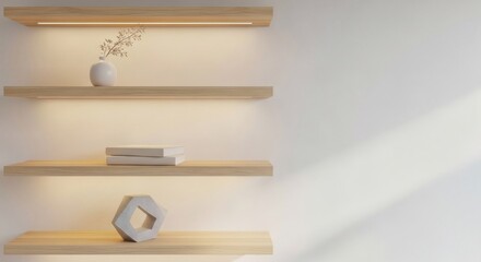 Modern Floating Wooden Shelves with Integrated Warm LED Lighting Minimalist Decor and Ample Copy Space.