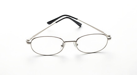 A pair of silver-rimmed eyeglasses with clear lenses rests on a clean white surface, showcasing a simple and elegant design for vision correction and style