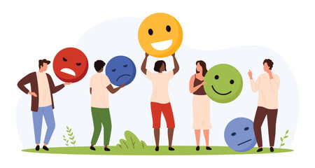 Group of people displaying various emotional expressions with large emoji faces, representing feedback, mood diversity, and emotional communication in a flat isolated vector illustration