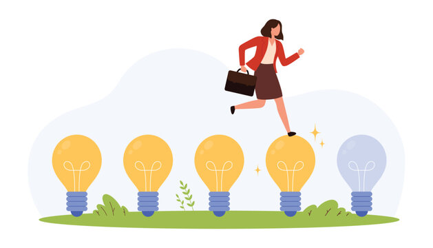 Confident businesswoman with briefcase stepping on glowing light bulbs symbolizing creative ideas, innovation, and progress in business, flat style isolated vector illustration