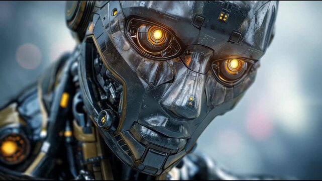 Dark Cybernetic Android Face Close-up with Glowing Eyes. Futuristic AI, Robotics, and Advanced Technology Portrait